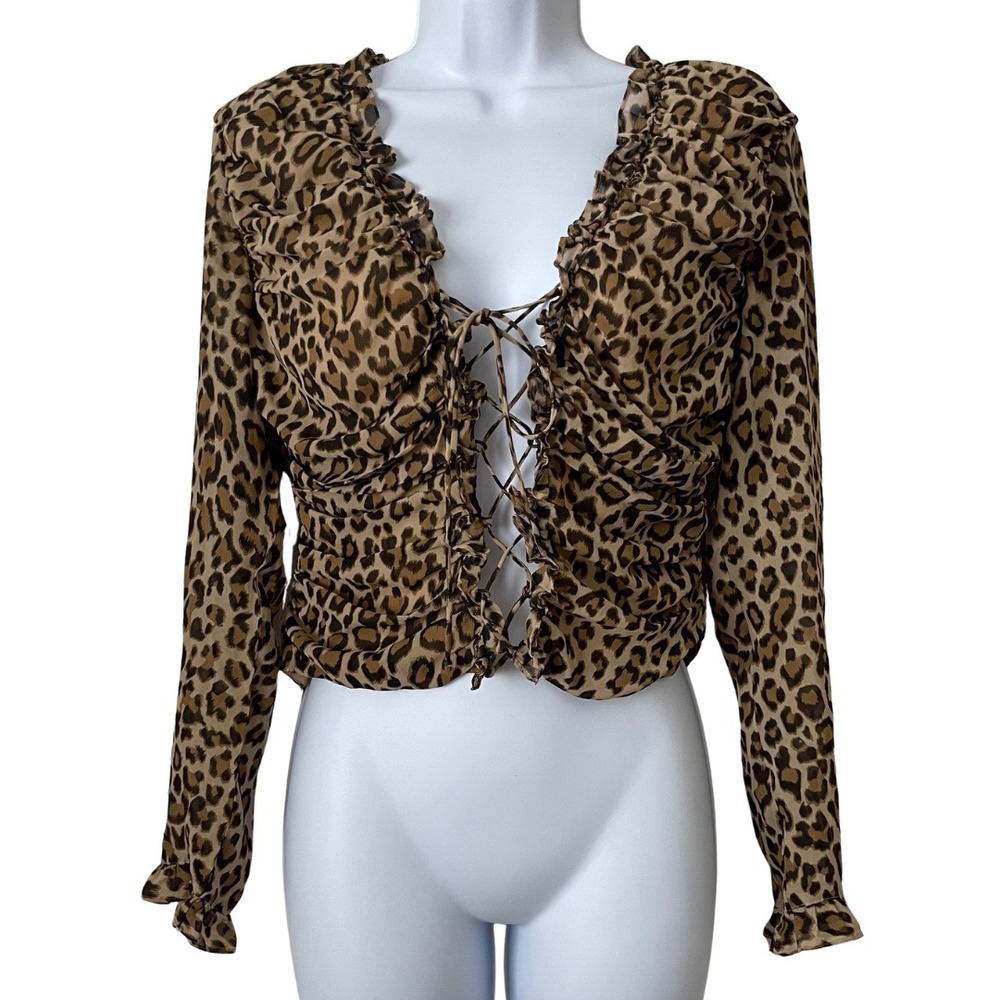 Vintage Victorias Secret Y2K Silk Leopard Animal Print Ruched Lace Up Top Small